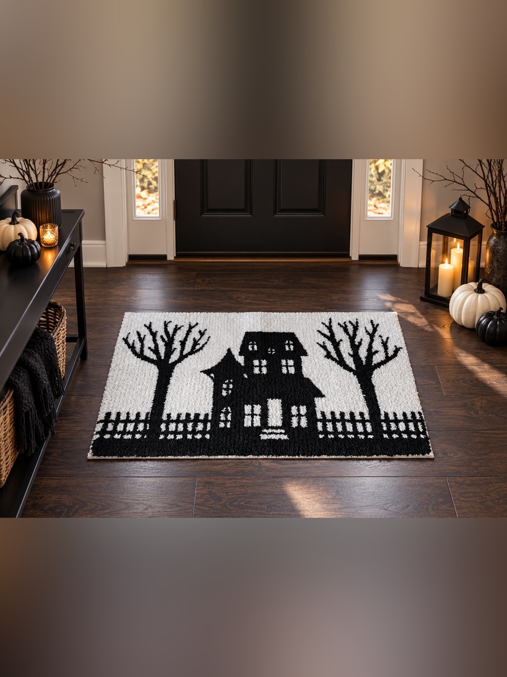 Black White Haunted House Halloween Accent Rug